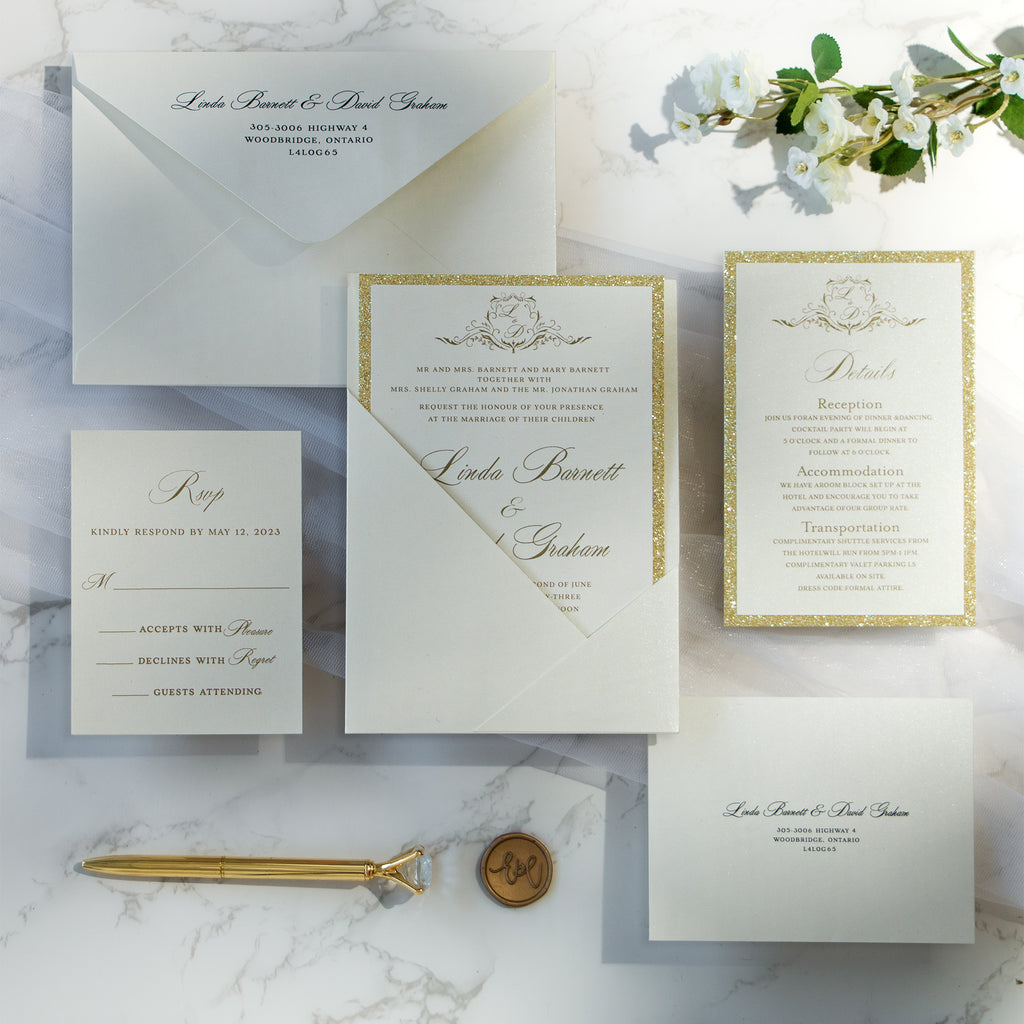 PONATIA Ivory Panel Pocket Wedding Invitation Cards with Envelopes