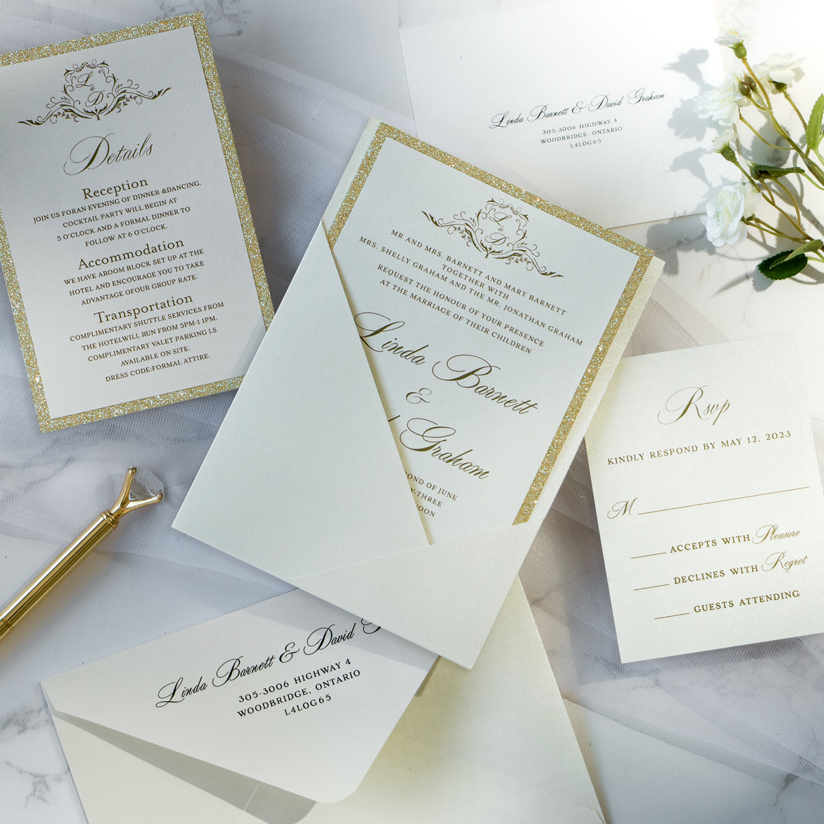 PONATIA Ivory Panel Pocket Wedding Invitation Cards with Envelopes