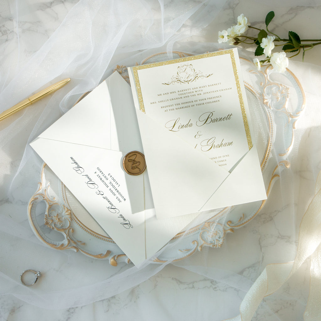 PONATIA Ivory Panel Pocket Wedding Invitation Cards with Envelopes