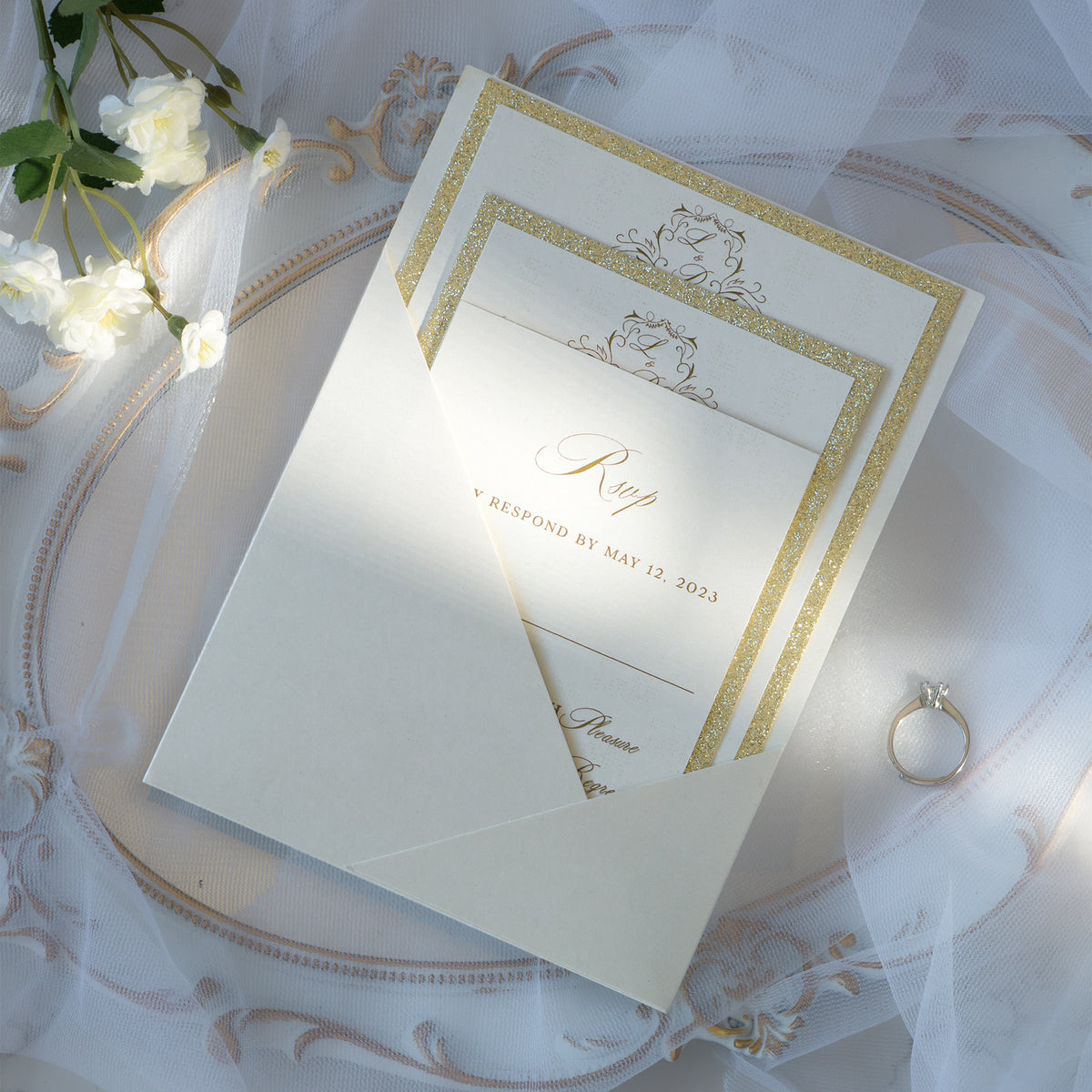 PONATIA Ivory Panel Pocket Wedding Invitation Cards with Envelopes