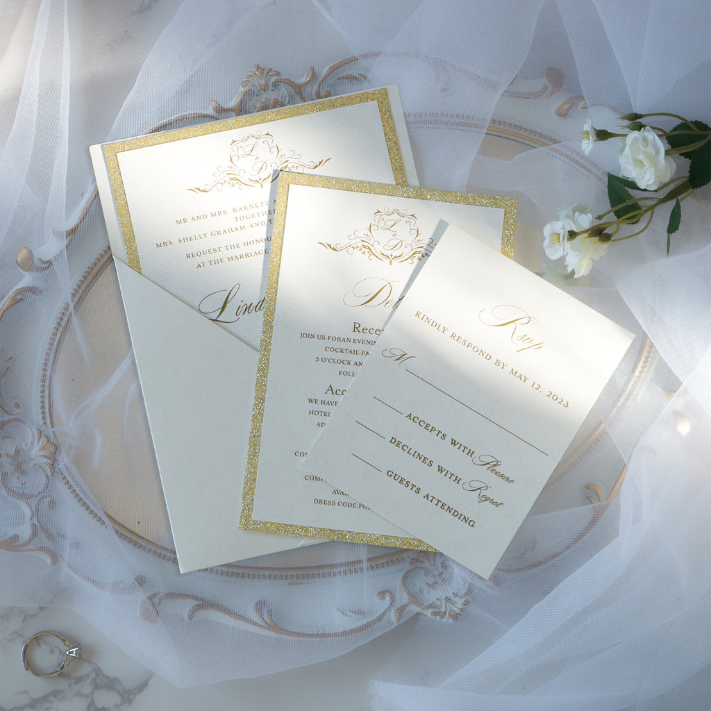 PONATIA Ivory Panel Pocket Wedding Invitation Cards with Envelopes
