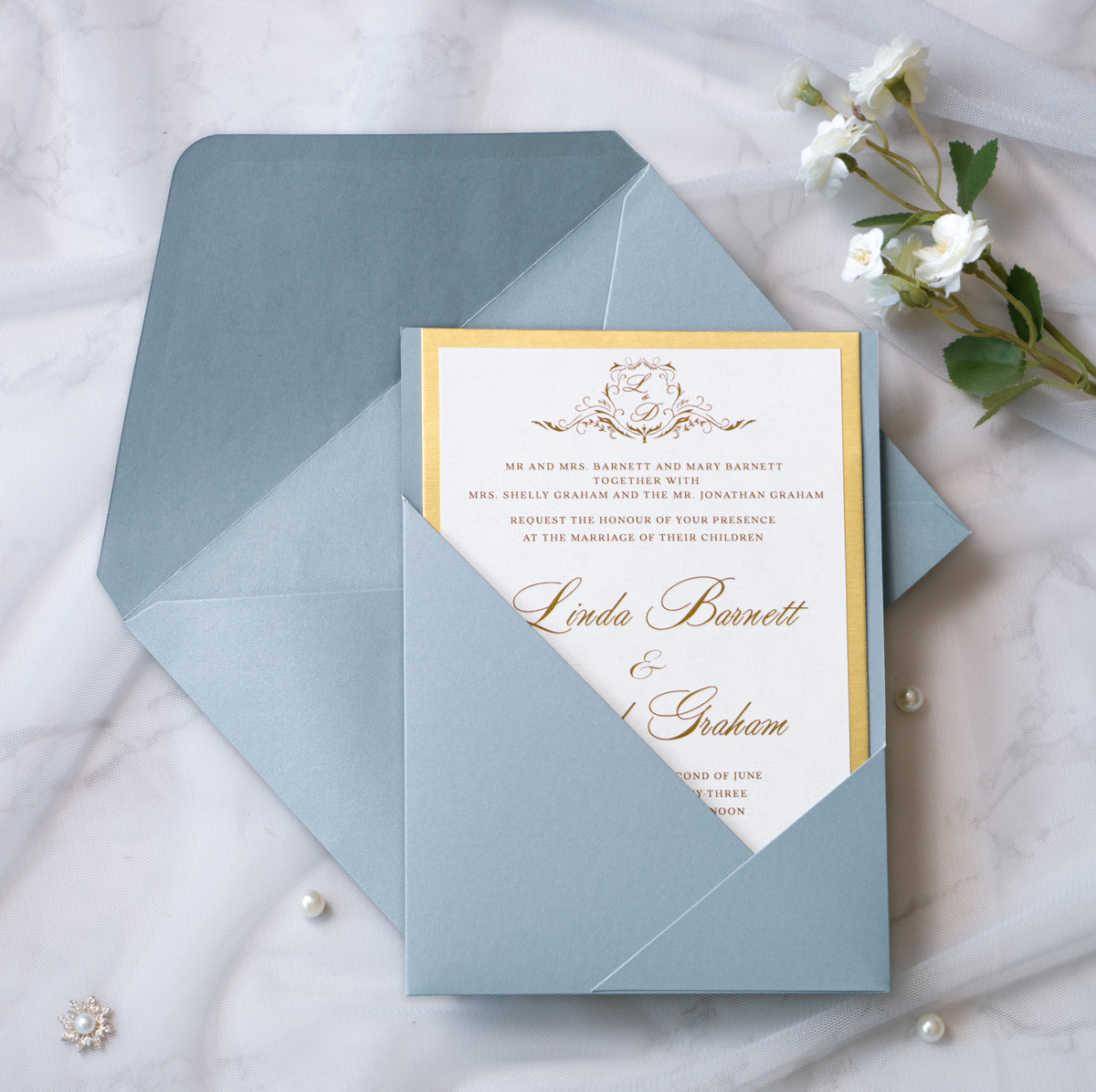 PONATIA Dusty Blue Panel Pocket Wedding Invitations Cards with Envelopes