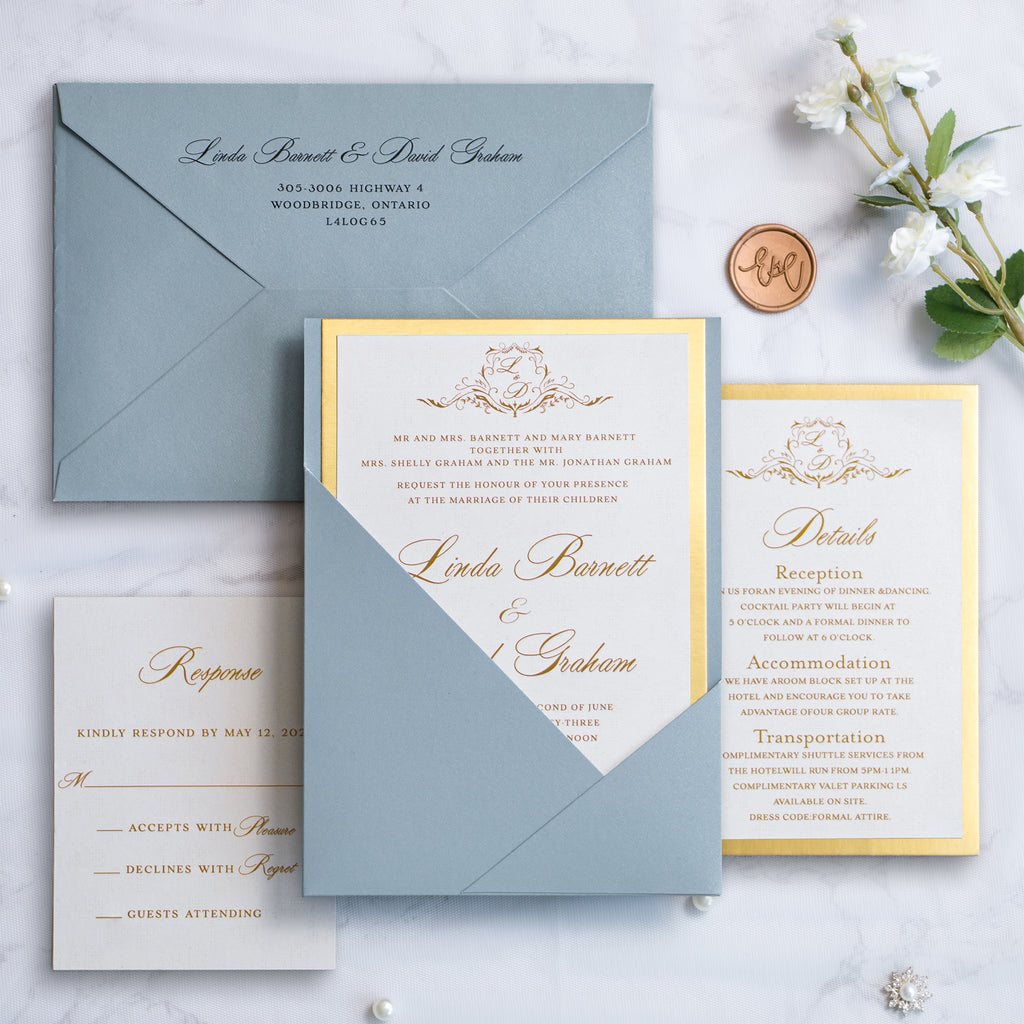 PONATIA Dusty Blue Panel Pocket Wedding Invitations Cards with Envelopes