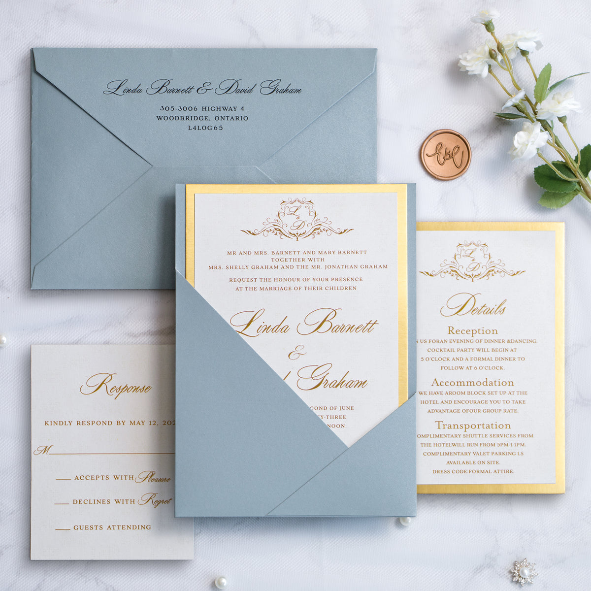 PONATIA Dusty Blue Panel Pocket Wedding Invitations Cards with Envelopes