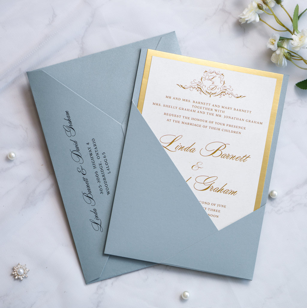 PONATIA Dusty Blue Panel Pocket Wedding Invitations Cards with Envelopes