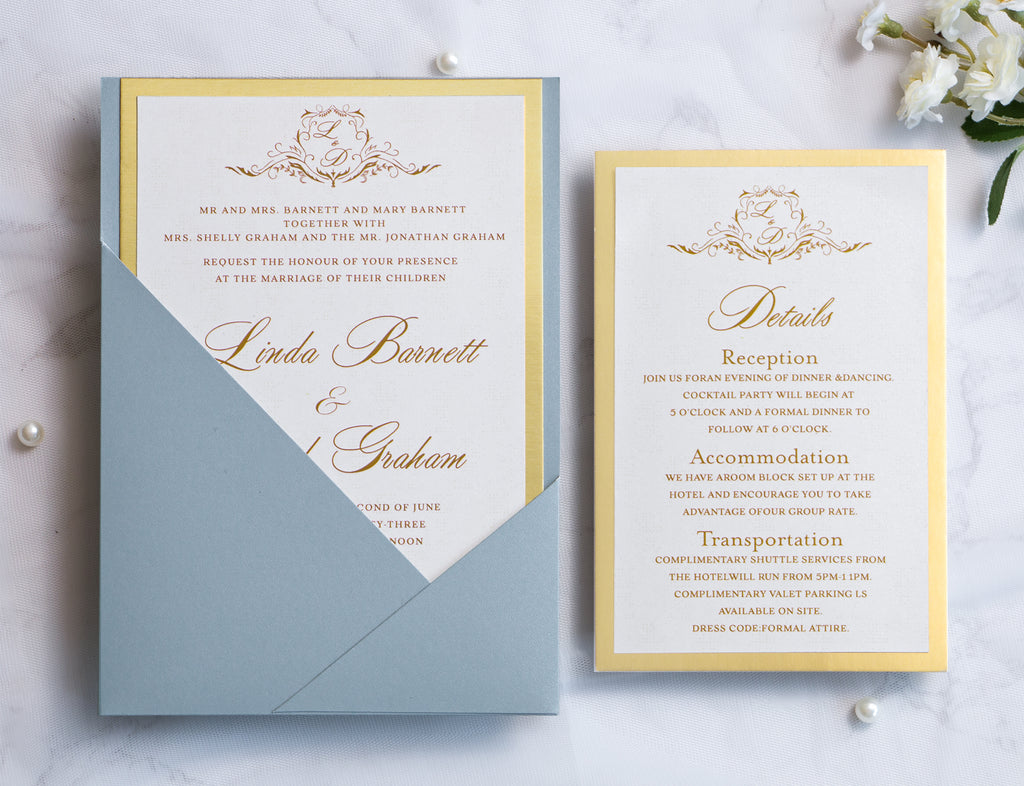 PONATIA Dusty Blue Panel Pocket Wedding Invitations Cards with Envelopes