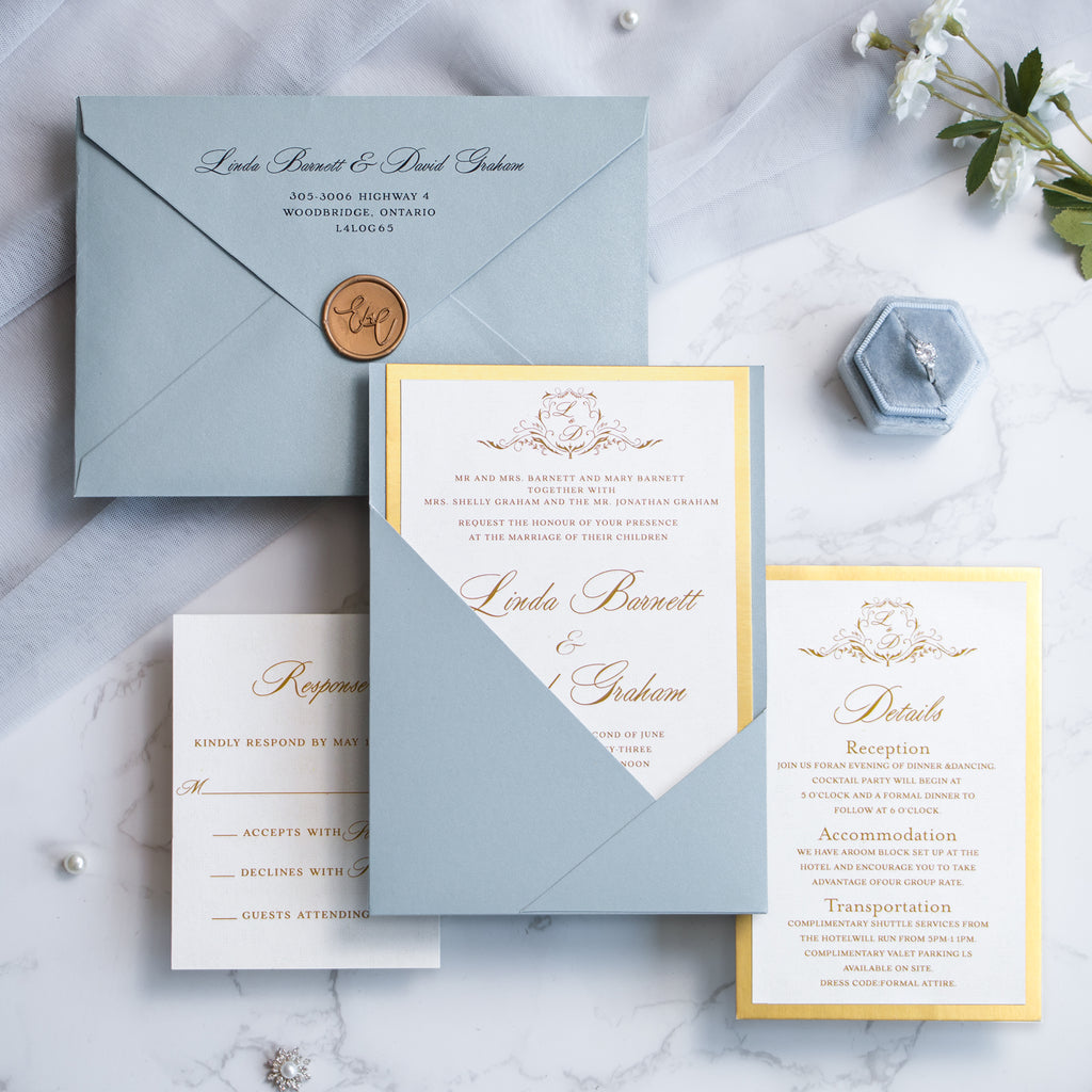 PONATIA Dusty Blue Panel Pocket Wedding Invitations Cards with Envelopes