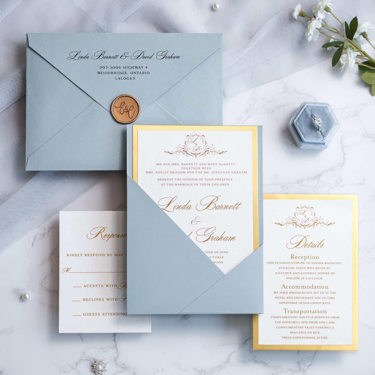 PONATIA Dusty Blue Panel Pocket Wedding Invitations Cards with Envelopes