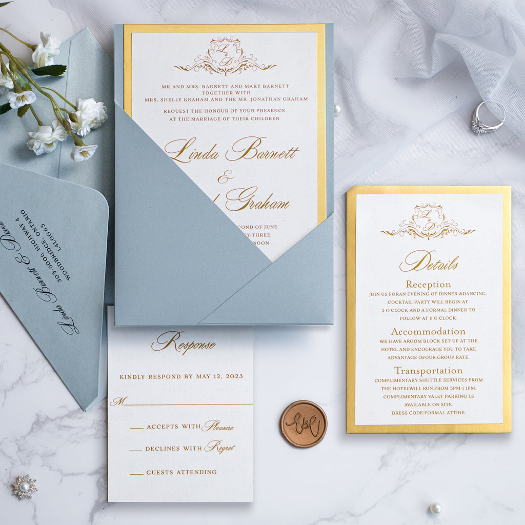 PONATIA Dusty Blue Panel Pocket Wedding Invitations Cards with Envelopes