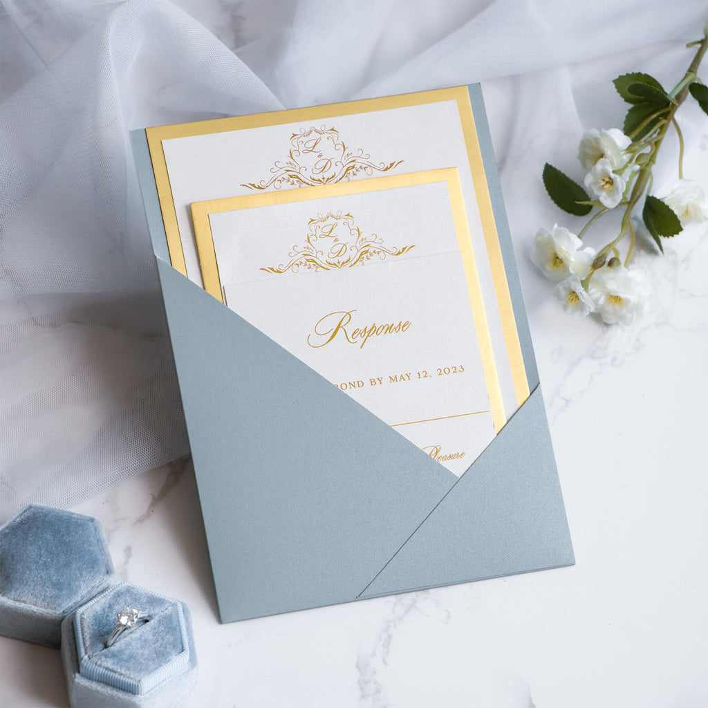 PONATIA Dusty Blue Panel Pocket Wedding Invitations Cards with Envelopes