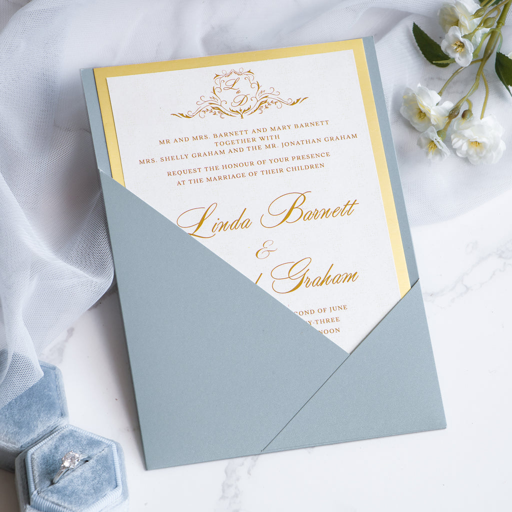 PONATIA Dusty Blue Panel Pocket Wedding Invitations Cards with Envelopes