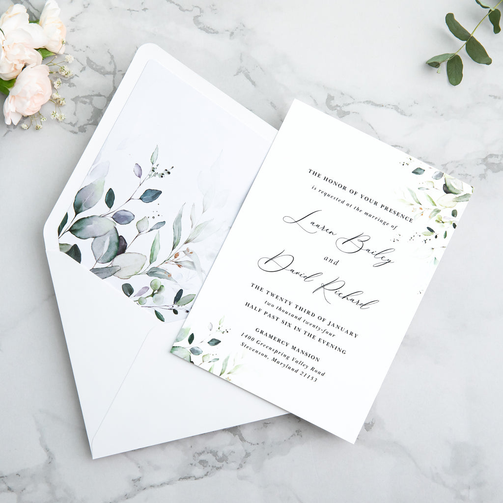 PONATIA 50 Pieces White & Green Leaves Liner Euro Flap Envelopes for  Wedding Invitation Card