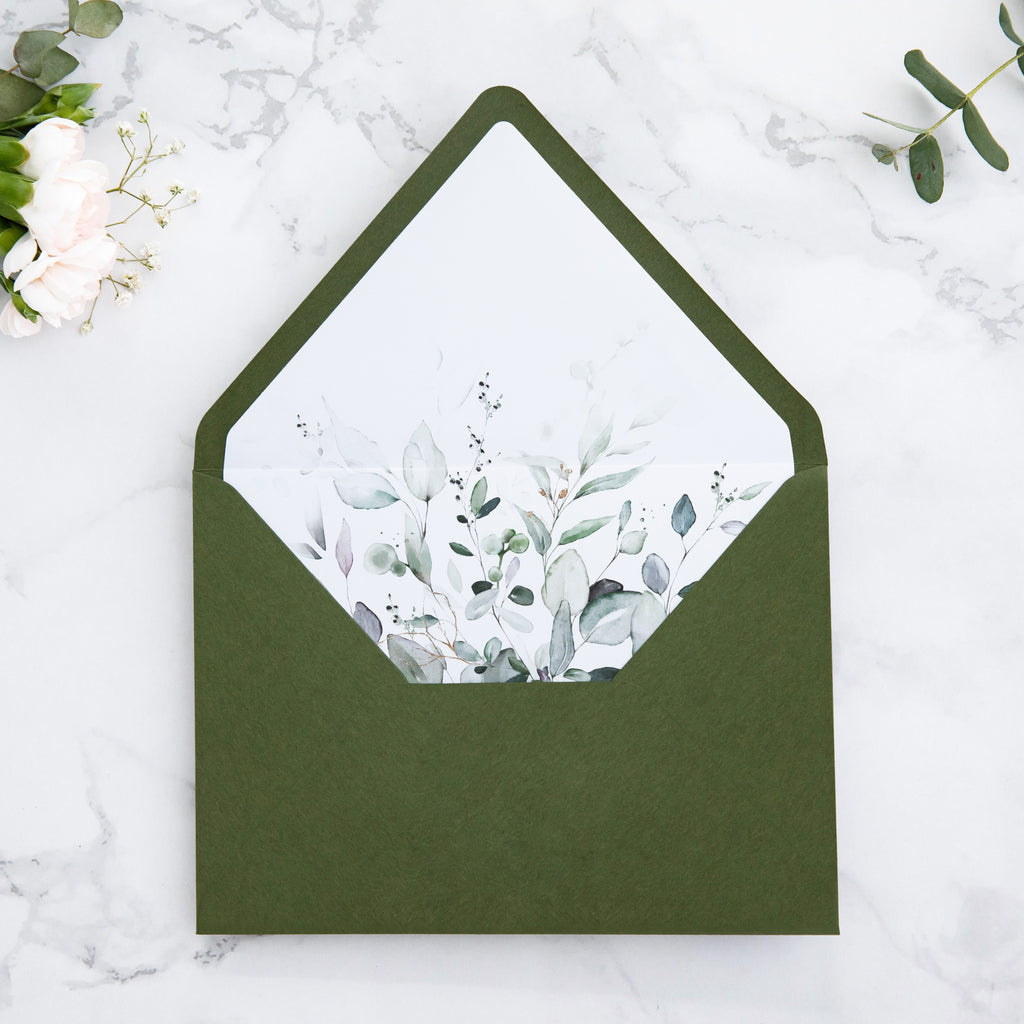 PONATIA 50 Pieces Olive Green Liner Euro Flap Envelopes for  Wedding Invitation Card