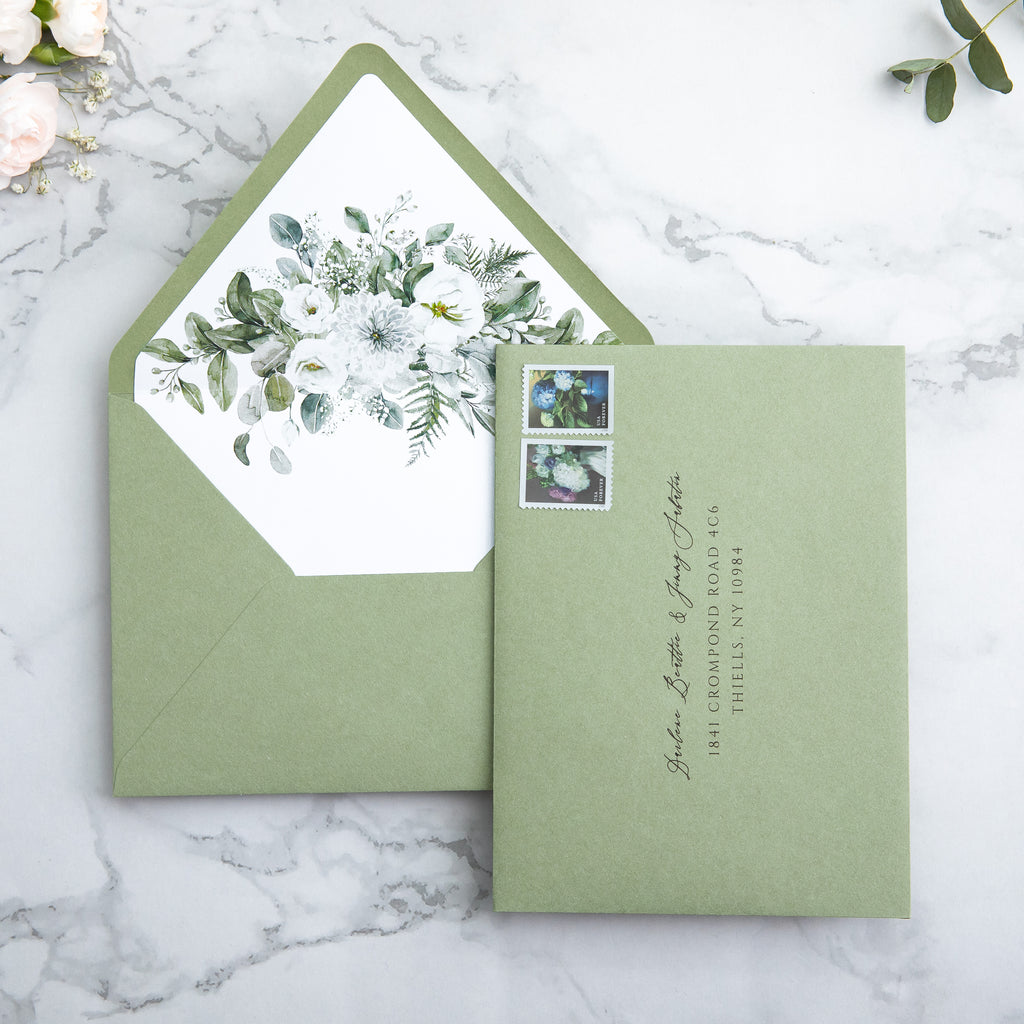 PONATIA 50 Pieces Sage Green & Flowers Liner Euro Flap Envelopes for  Wedding Invitation Card