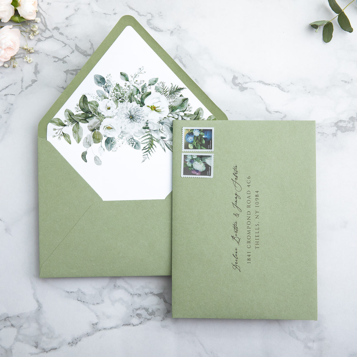 PONATIA 50 Pieces Sage Green & Flowers Liner Euro Flap Envelopes for  Wedding Invitation Card
