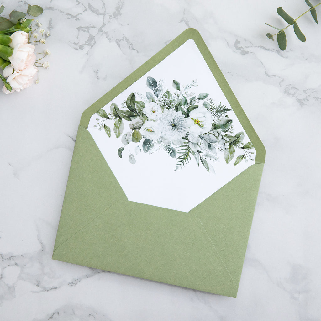 PONATIA 50 Pieces Sage Green & Flowers Liner Euro Flap Envelopes for  Wedding Invitation Card