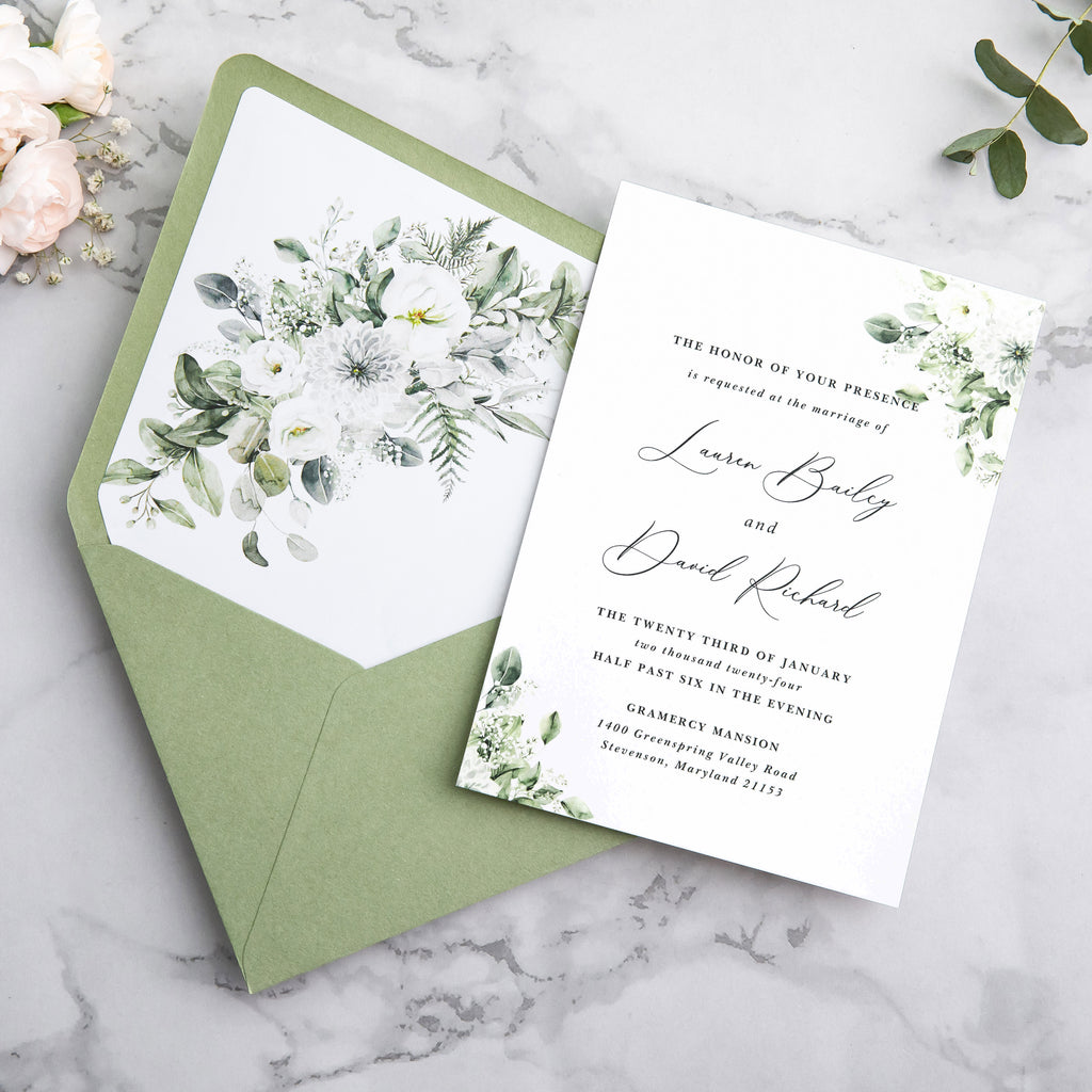 PONATIA 50 Pieces Sage Green & Flowers Liner Euro Flap Envelopes for  Wedding Invitation Card