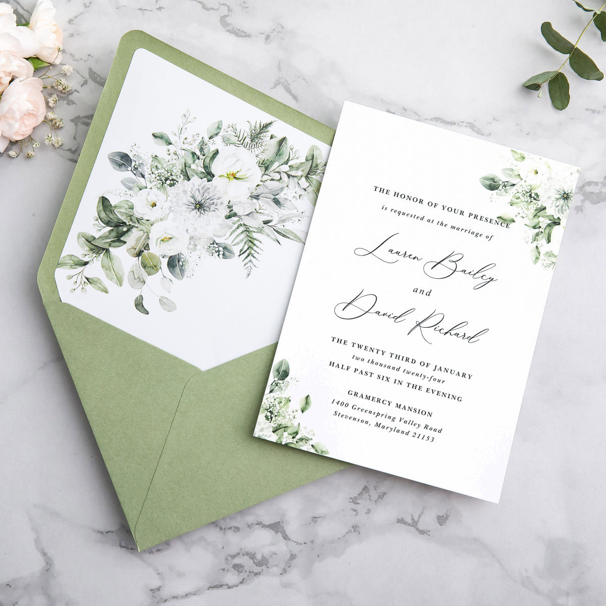 PONATIA 50 Pieces Sage Green & Flowers Liner Euro Flap Envelopes for  Wedding Invitation Card
