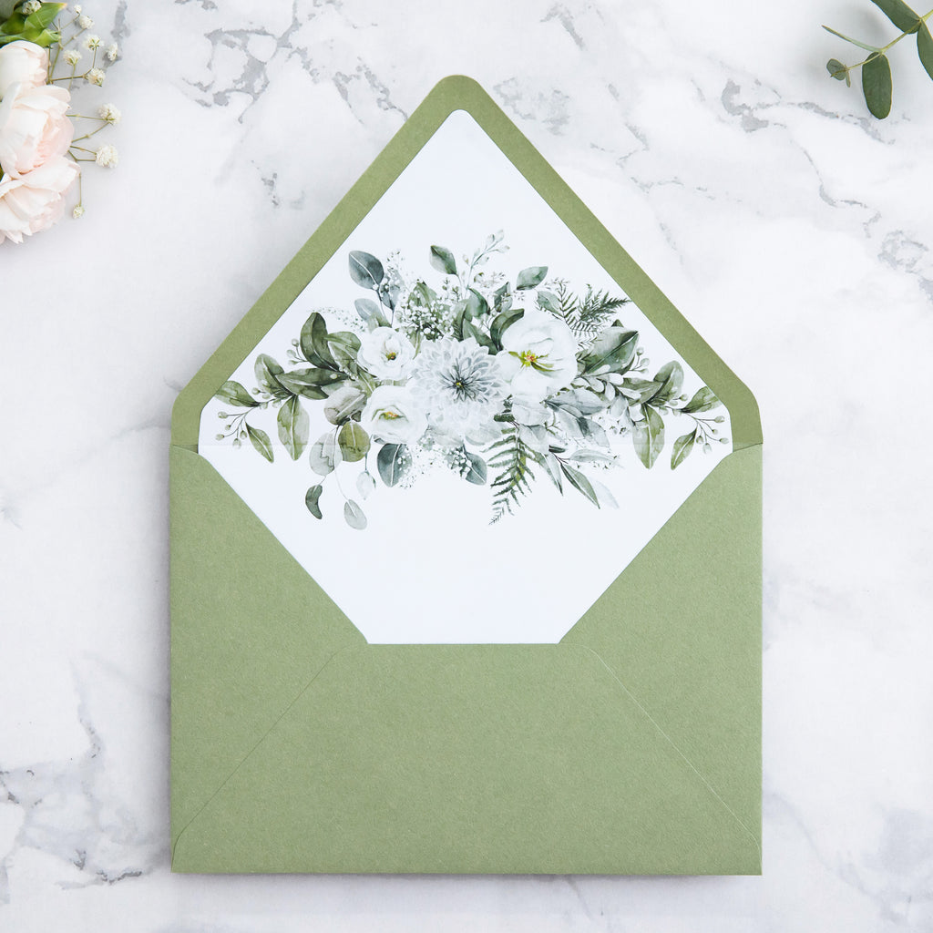 PONATIA 50 Pieces Sage Green & Flowers Liner Euro Flap Envelopes for  Wedding Invitation Card
