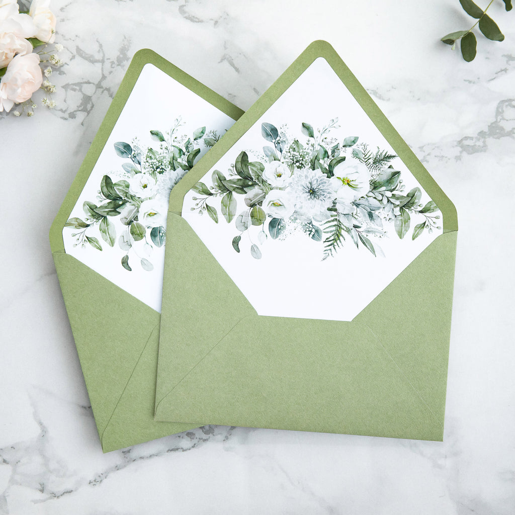 PONATIA 50 Pieces Sage Green & Flowers Liner Euro Flap Envelopes for  Wedding Invitation Card