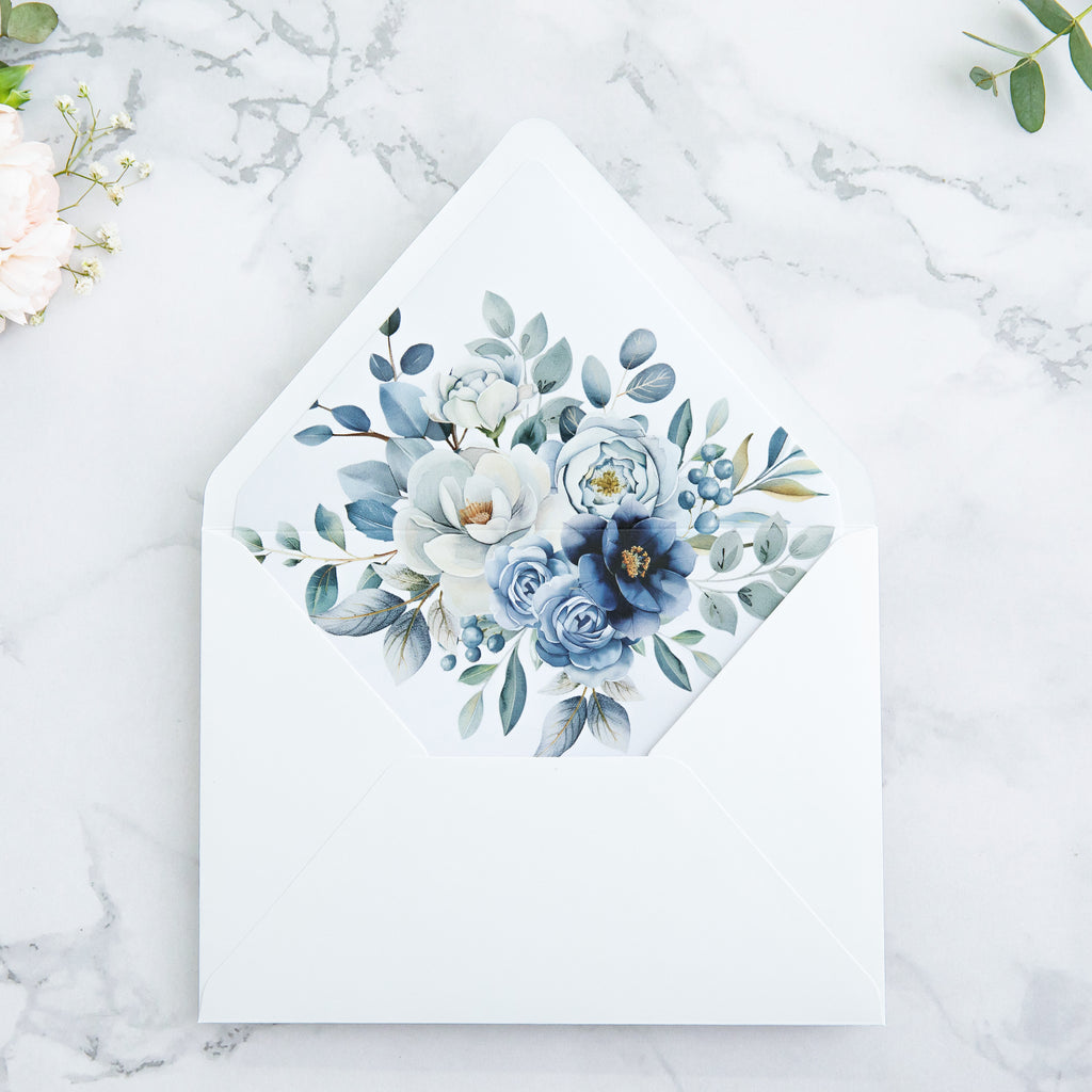 PONATIA 50 Pieces White & Dusty Blue Liner Euro Flap Envelopes for  Wedding Invitation Card