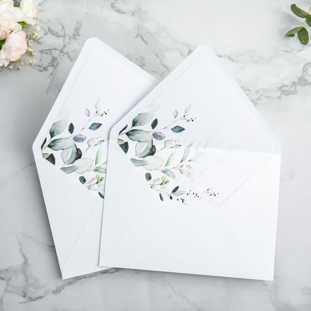 PONATIA 50 Pieces White & Green Leaves Liner Euro Flap Envelopes for  Wedding Invitation Card