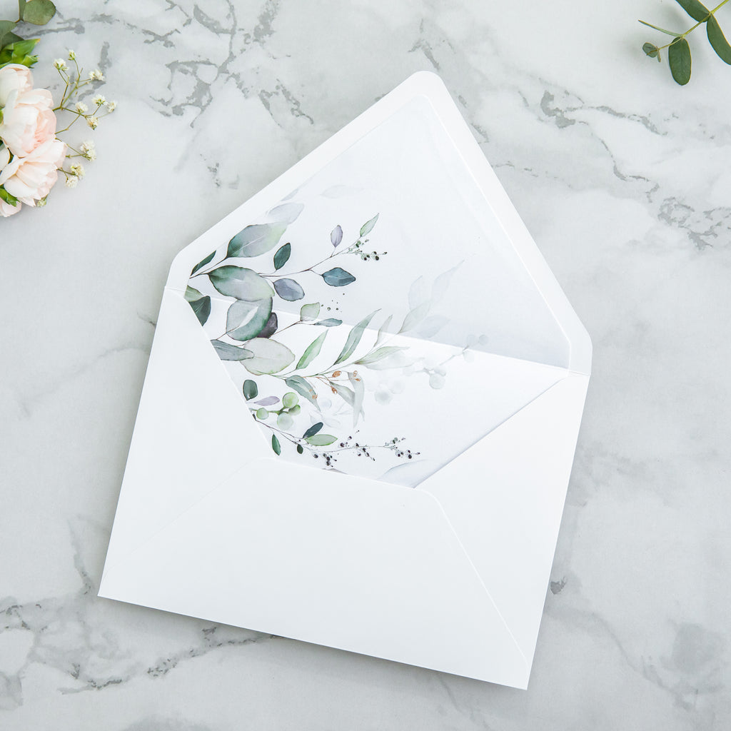 PONATIA 50 Pieces White & Green Leaves Liner Euro Flap Envelopes for  Wedding Invitation Card