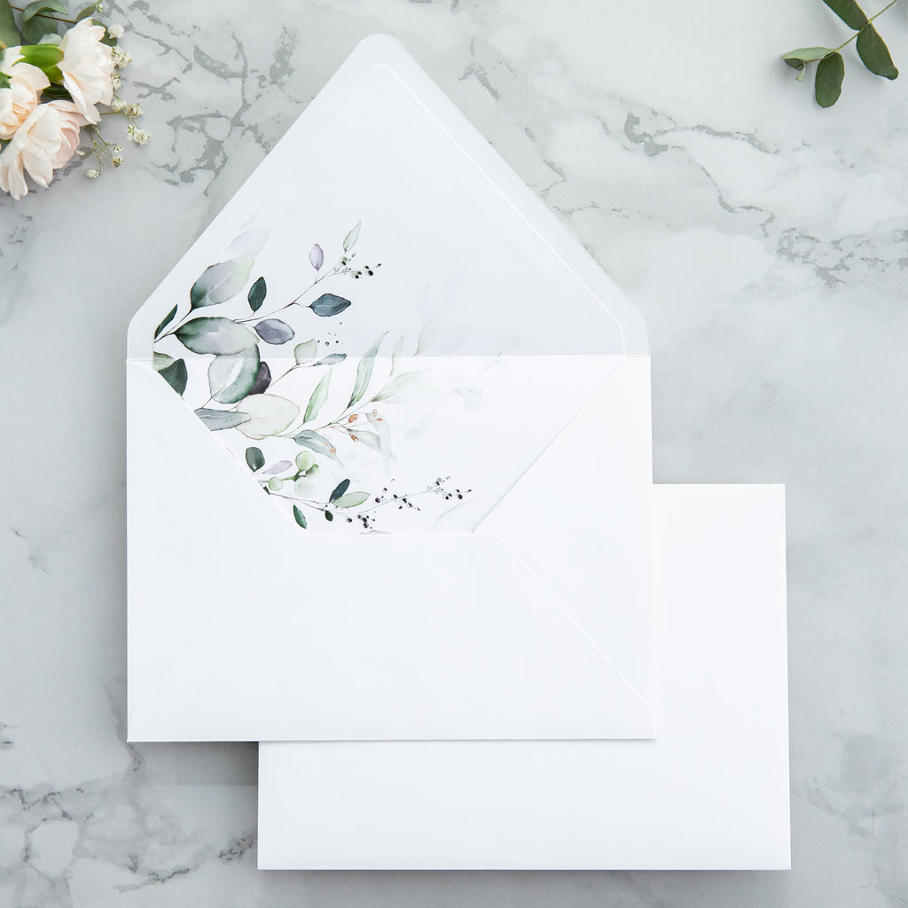 PONATIA 50 Pieces White & Green Leaves Liner Euro Flap Envelopes for  Wedding Invitation Card