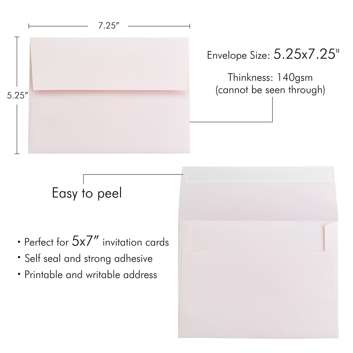 PONATIA 50 Pieces 5x7 Blush Pink Envelopes, A7 Envelopes Self Seal for Weddings, Invitation Cards
