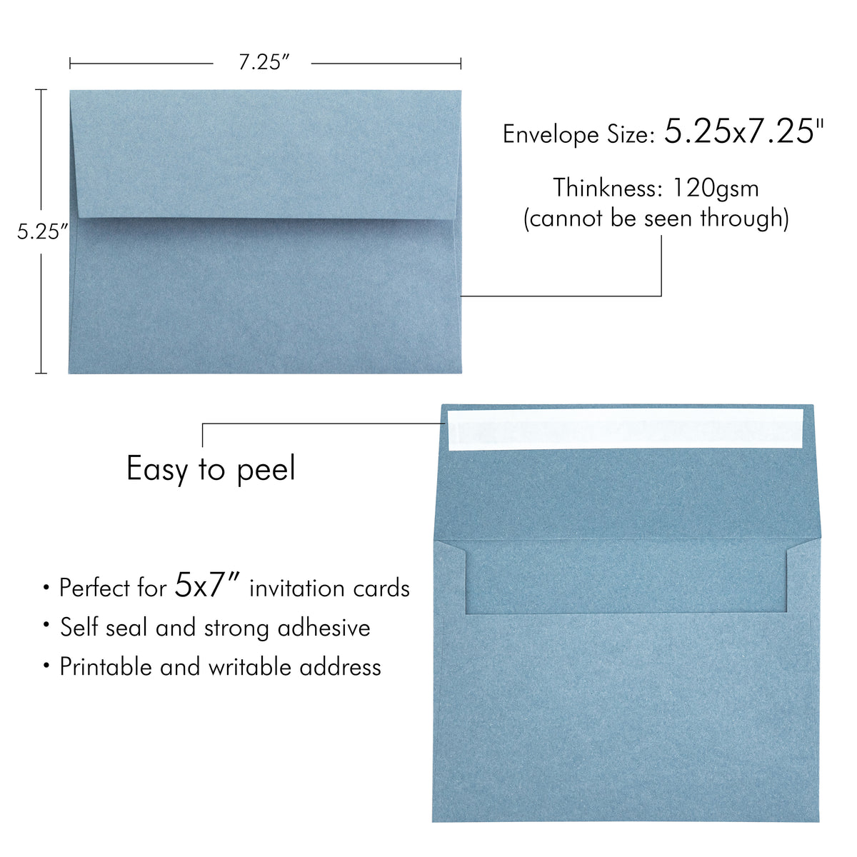 PONATIA 50 Pieces 5x7 Dusty Blue Envelopes, A7 Envelopes Self Seal for Weddings, Invitation Cards