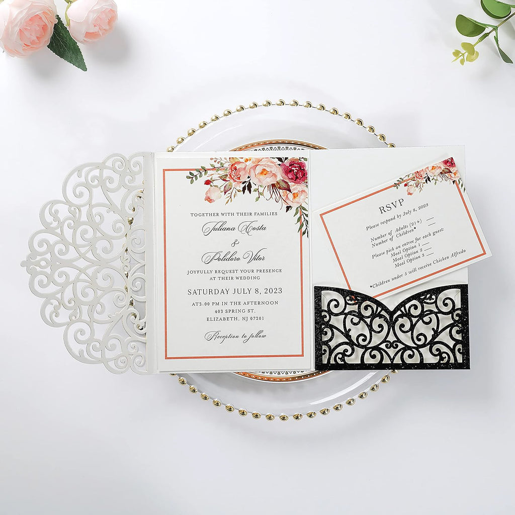PONATIA 20 Pcs Black Tri-Fold  Laser Cut Wedding Invitation Pockets with Envelopes for Wedding