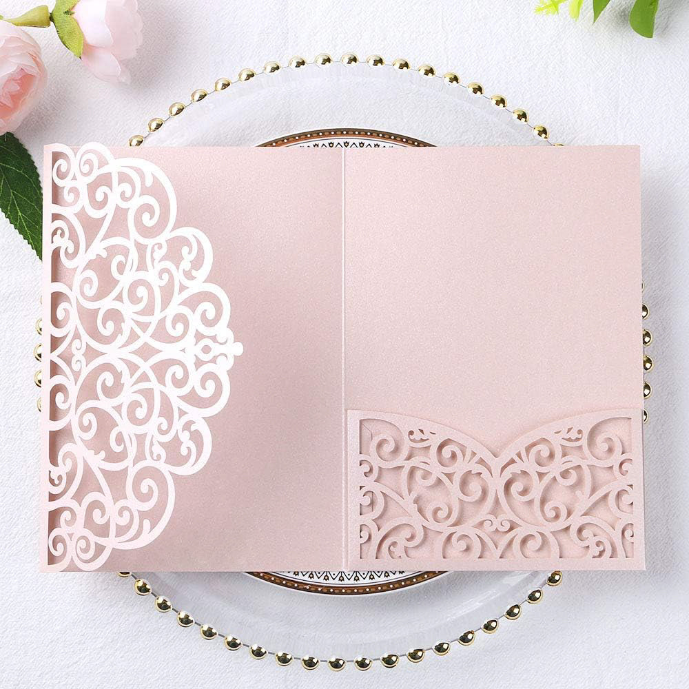PONATIA 20 Pcs Blush Pink Tri-Fold  Laser Cut Wedding Invitation Pockets with Envelopes for Wedding