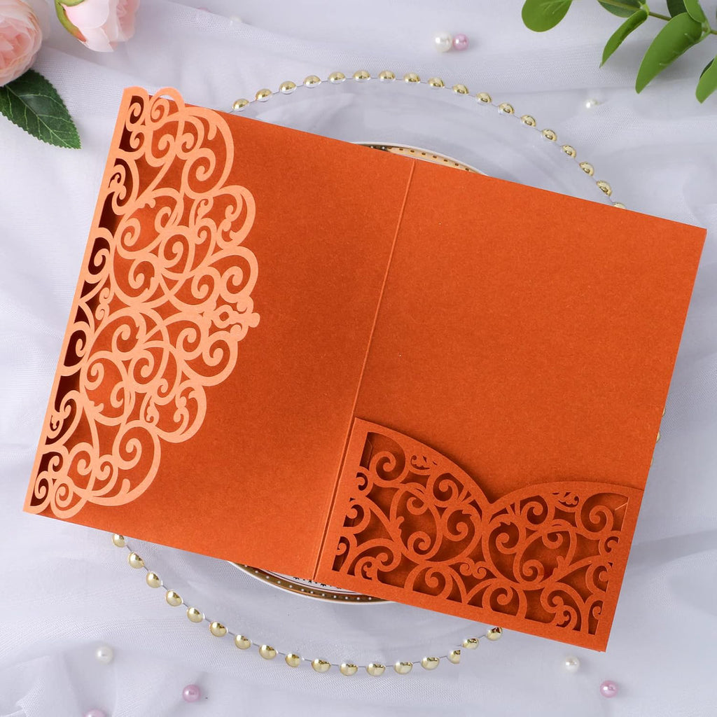 PONATIA 20 Pcs Burnt Orange Tri-Fold  Laser Cut Wedding Invitation Pockets with Envelopes for Wedding