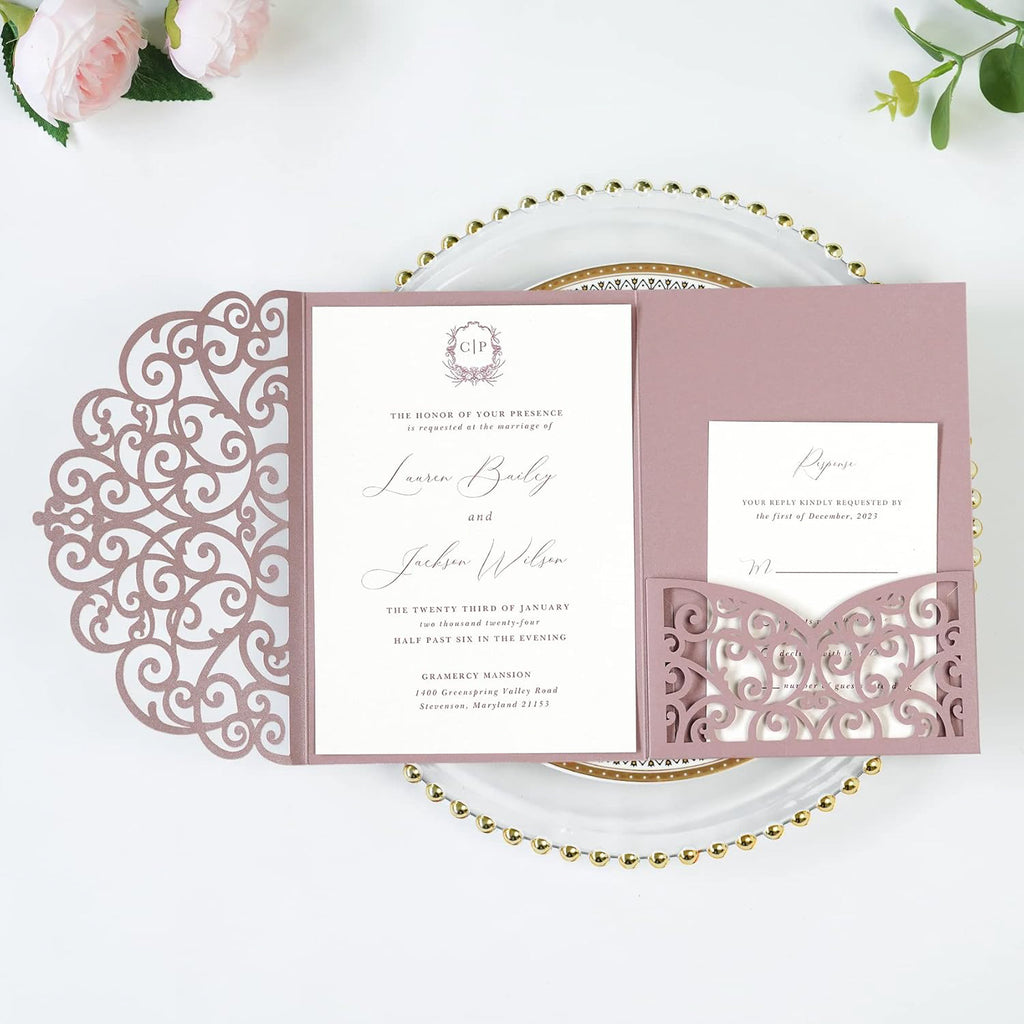 PONATIA 20 Pcs Dusty Rose Tri-Fold  Laser Cut Wedding Invitation Pockets with Envelopes for Wedding