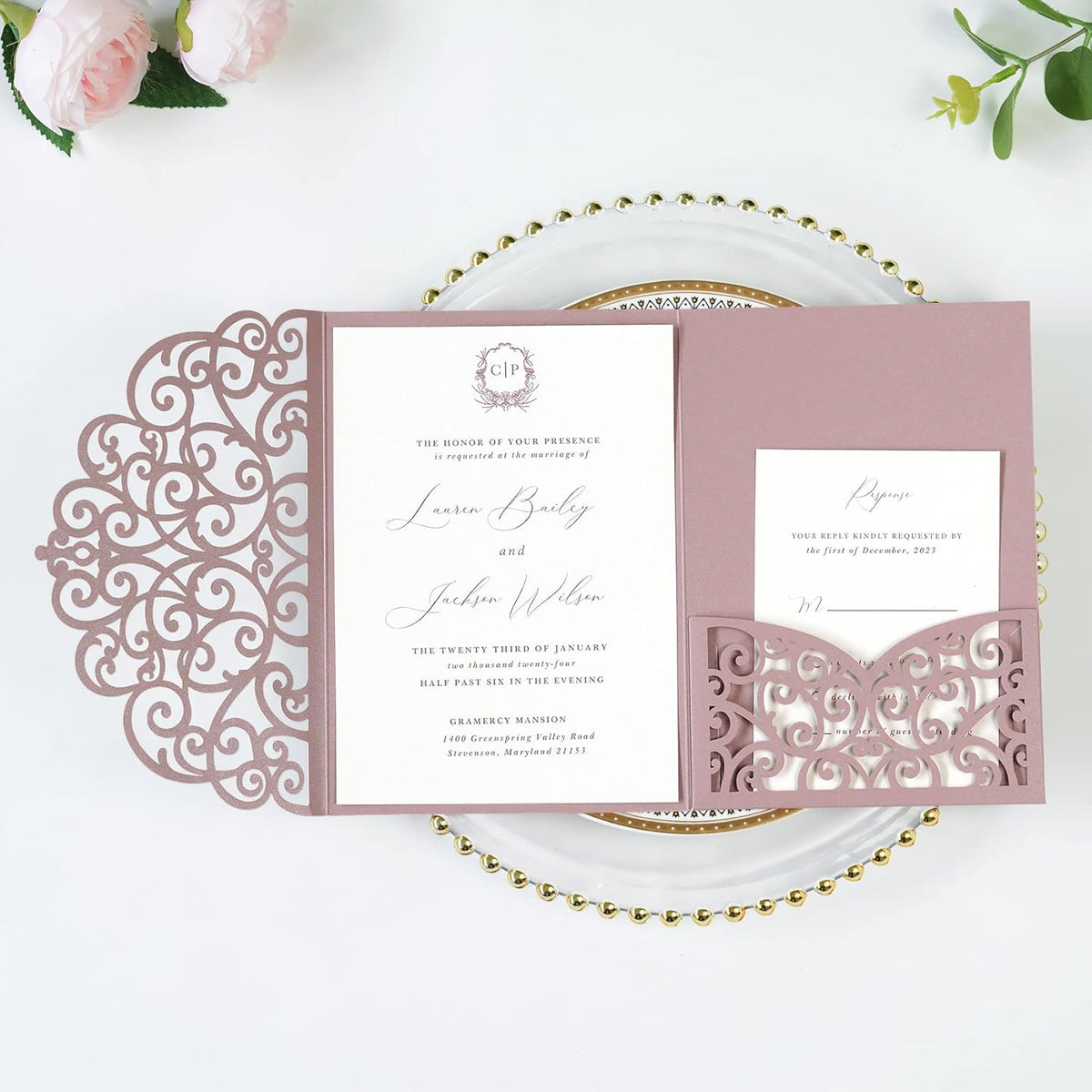 PONATIA 20 Pcs Dusty Rose Tri-Fold  Laser Cut Wedding Invitation Pockets with Envelopes for Wedding