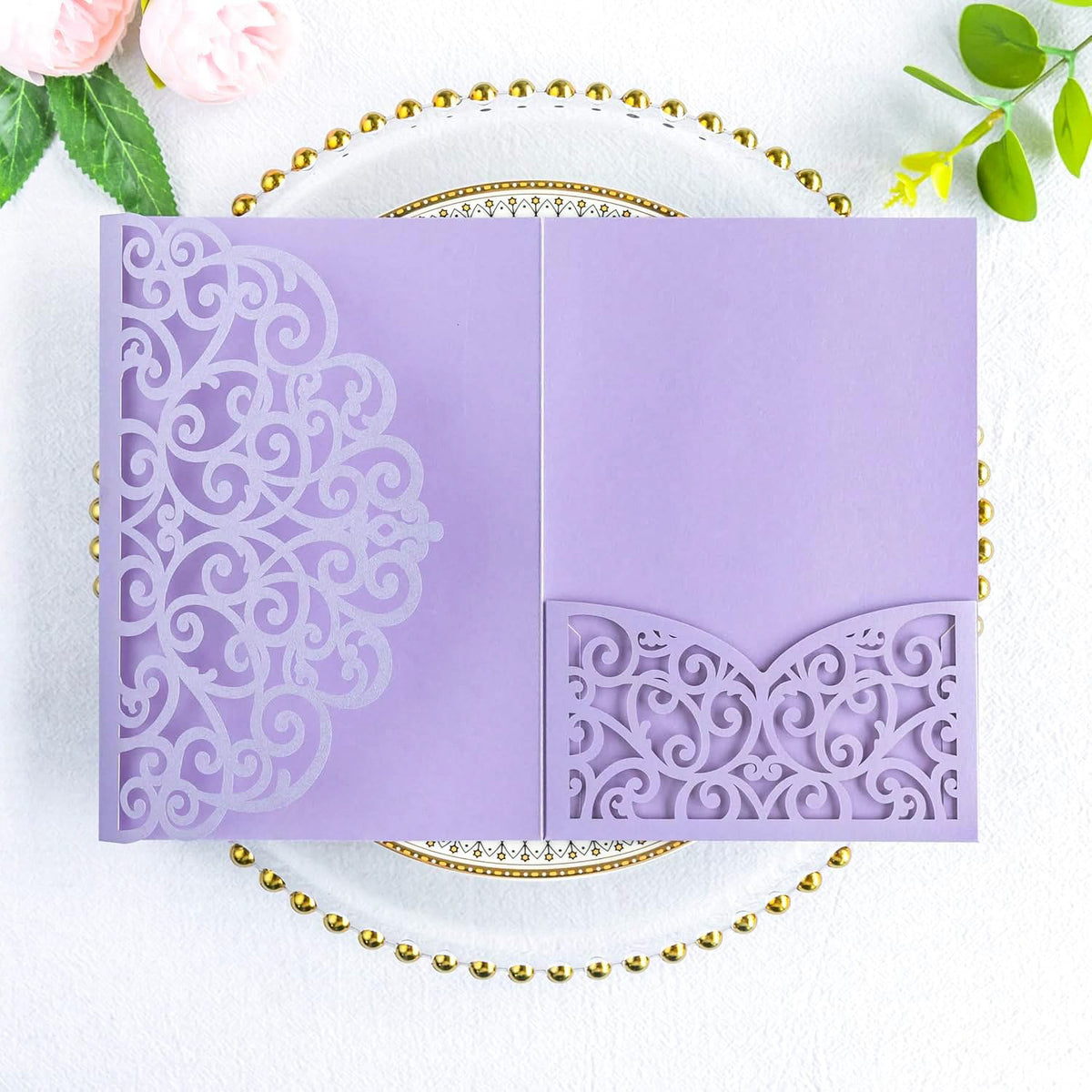 PONATIA 20 Pcs Lilac Tri-Fold  Laser Cut Wedding Invitation Pockets with Envelopes for Wedding