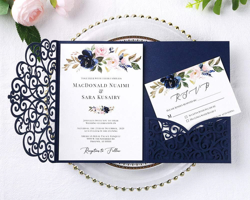PONATIA 20 Pcs Navy Blue Tri-Fold  Laser Cut Wedding Invitation Pockets with Envelopes for Wedding