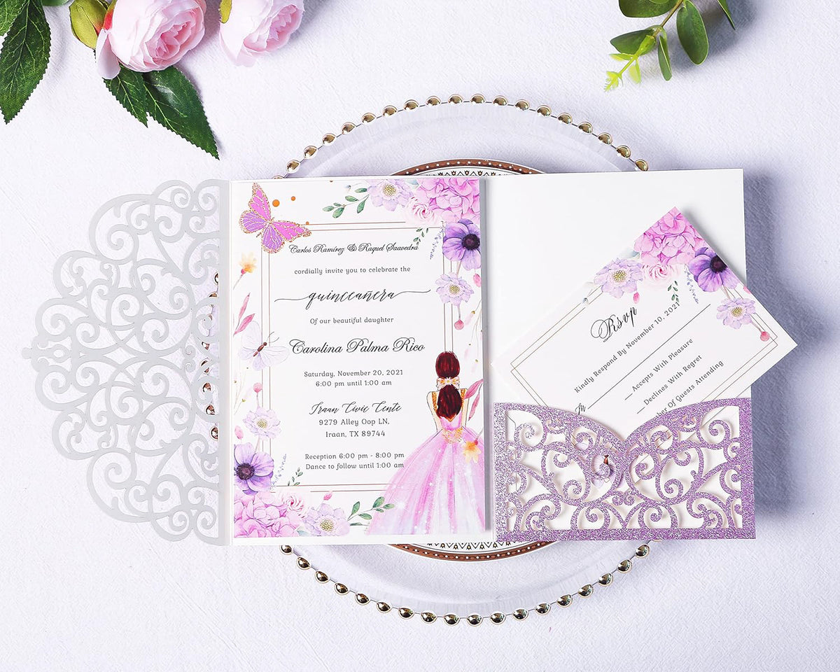 PONATIA 20 Pcs Purple Glitter Tri-Fold  Laser Cut Wedding Invitation Pockets with Envelopes for Wedding