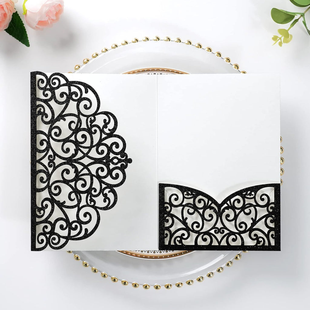 PONATIA 20 Pcs Black Tri-Fold  Laser Cut Wedding Invitation Pockets with Envelopes for Wedding