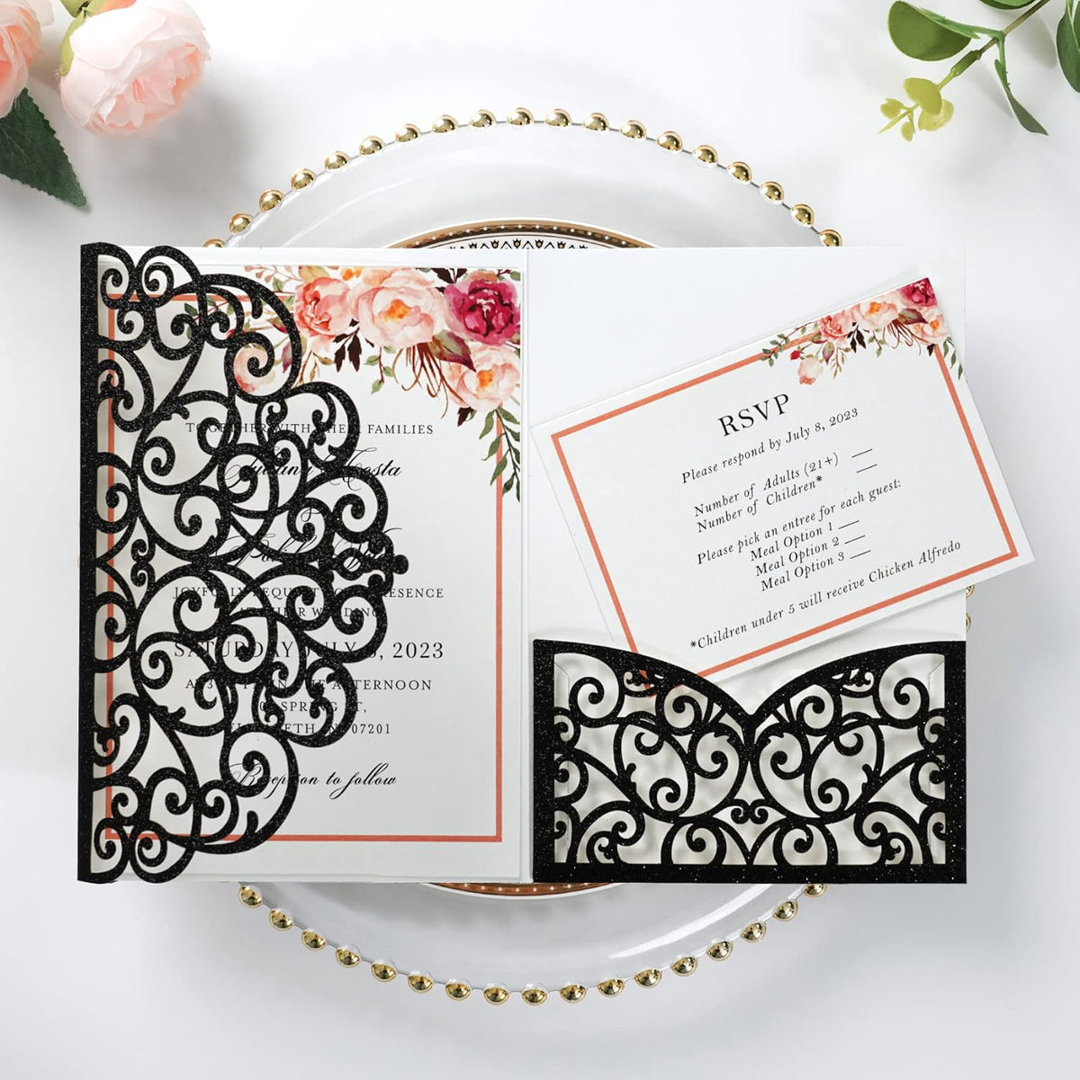 PONATIA 20 Pcs Black Tri-Fold  Laser Cut Wedding Invitation Pockets with Envelopes for Wedding