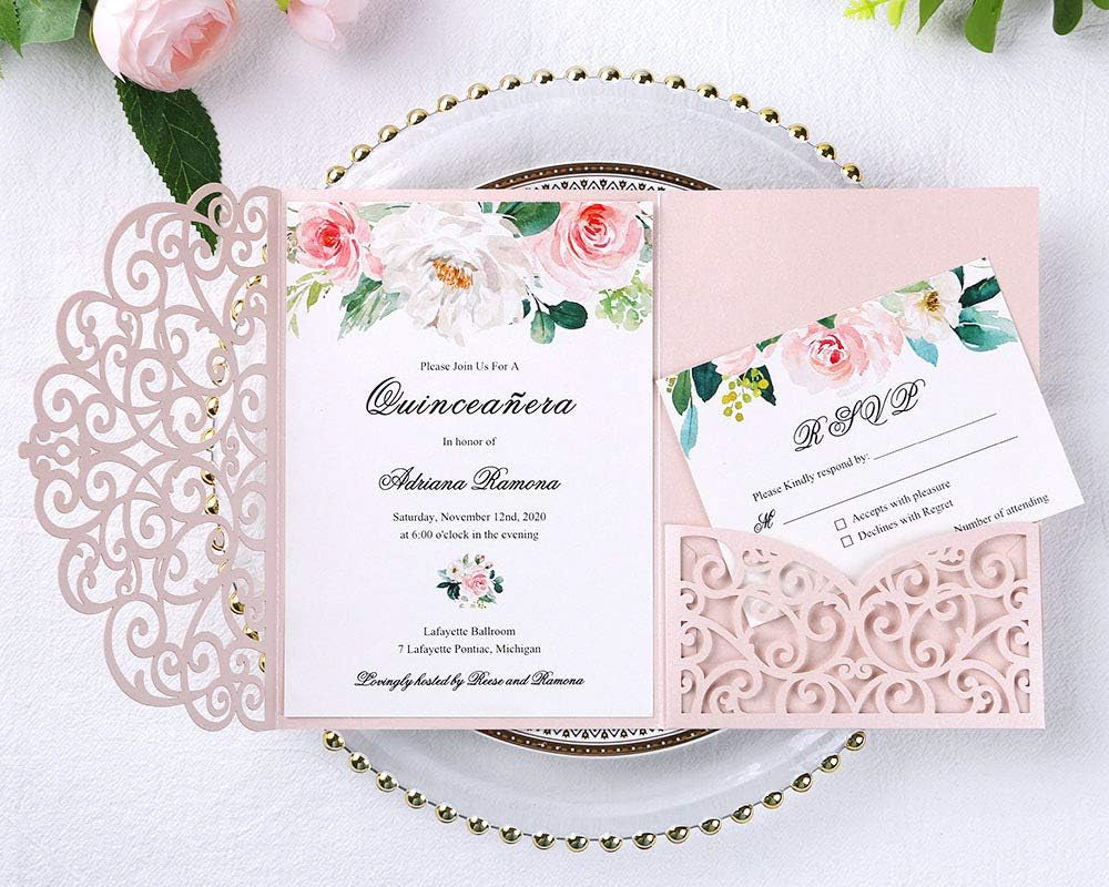 PONATIA 20 Pcs Blush Pink Tri-Fold  Laser Cut Wedding Invitation Pockets with Envelopes for Wedding