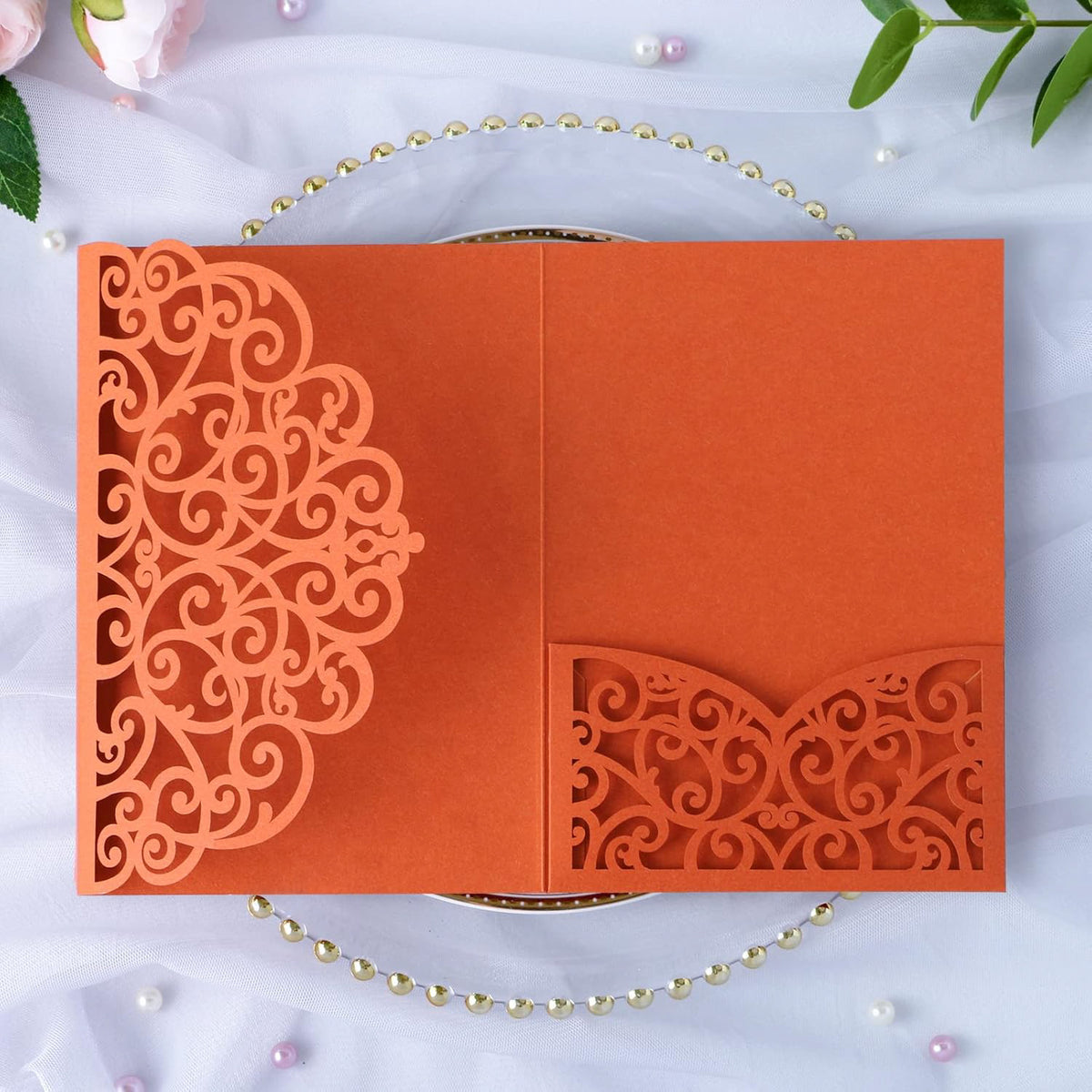 PONATIA 20 Pcs Burnt Orange Tri-Fold  Laser Cut Wedding Invitation Pockets with Envelopes for Wedding