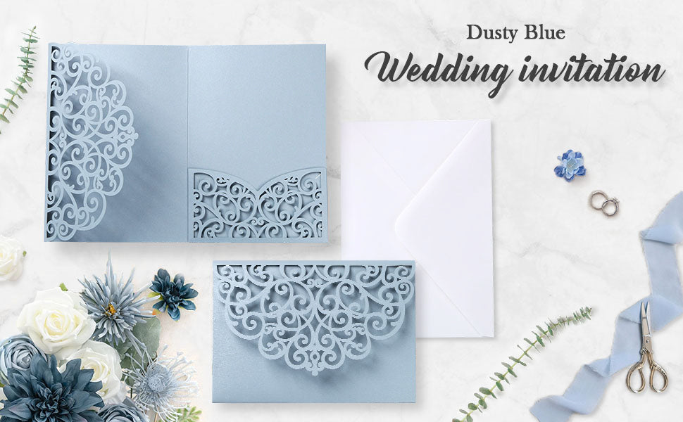 PONATIA 20 Pcs Dusty Blue Tri-Fold  Laser Cut Wedding Invitation Pockets with Envelopes for Wedding