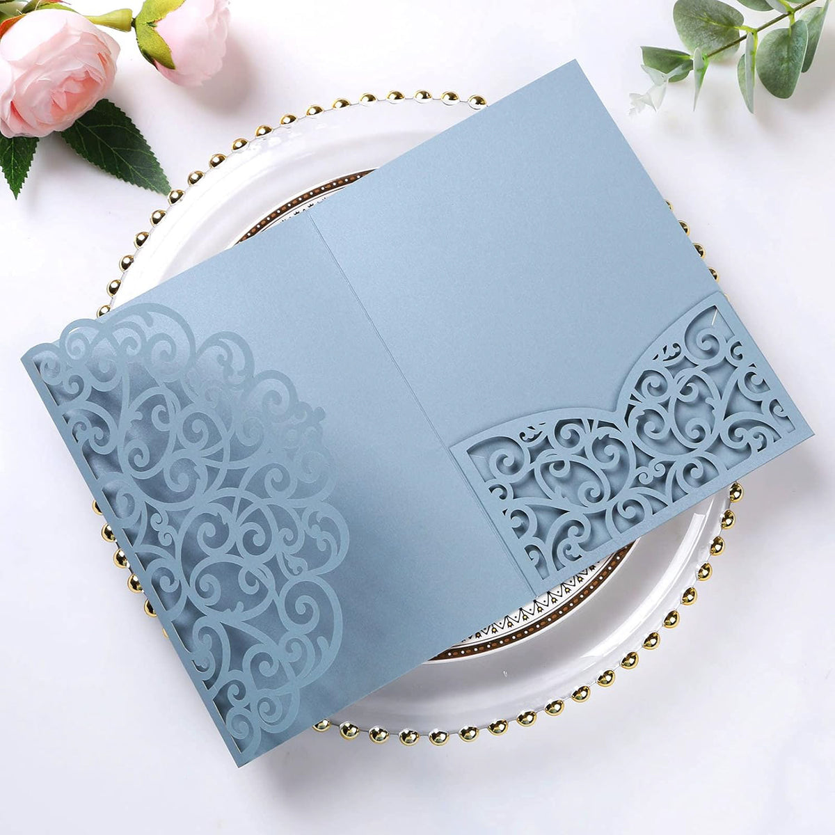 PONATIA 20 Pcs Dusty Blue Tri-Fold  Laser Cut Wedding Invitation Pockets with Envelopes for Wedding