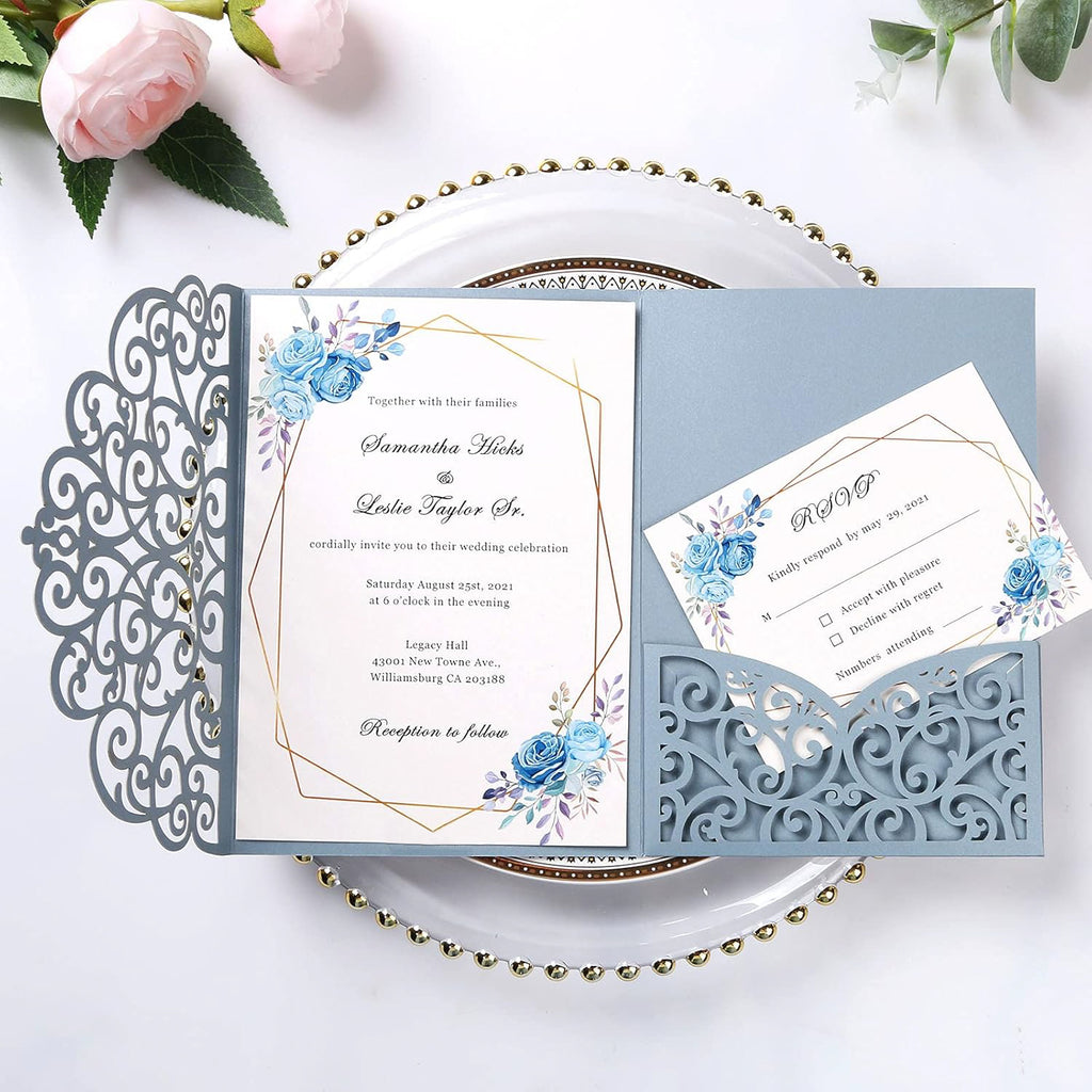 PONATIA 20 Pcs Dusty Blue Tri-Fold  Laser Cut Wedding Invitation Pockets with Envelopes for Wedding