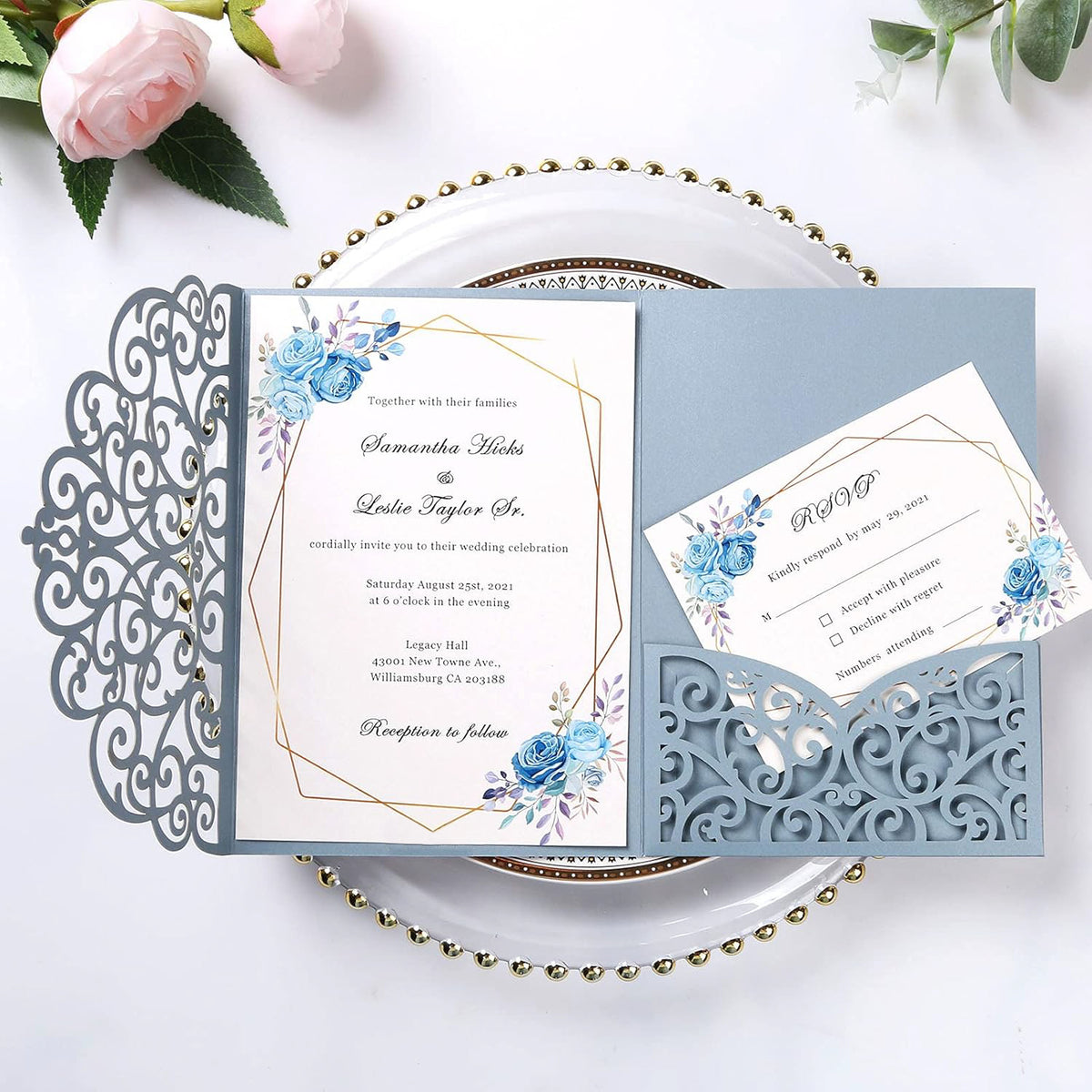 PONATIA 20 Pcs Dusty Blue Tri-Fold  Laser Cut Wedding Invitation Pockets with Envelopes for Wedding