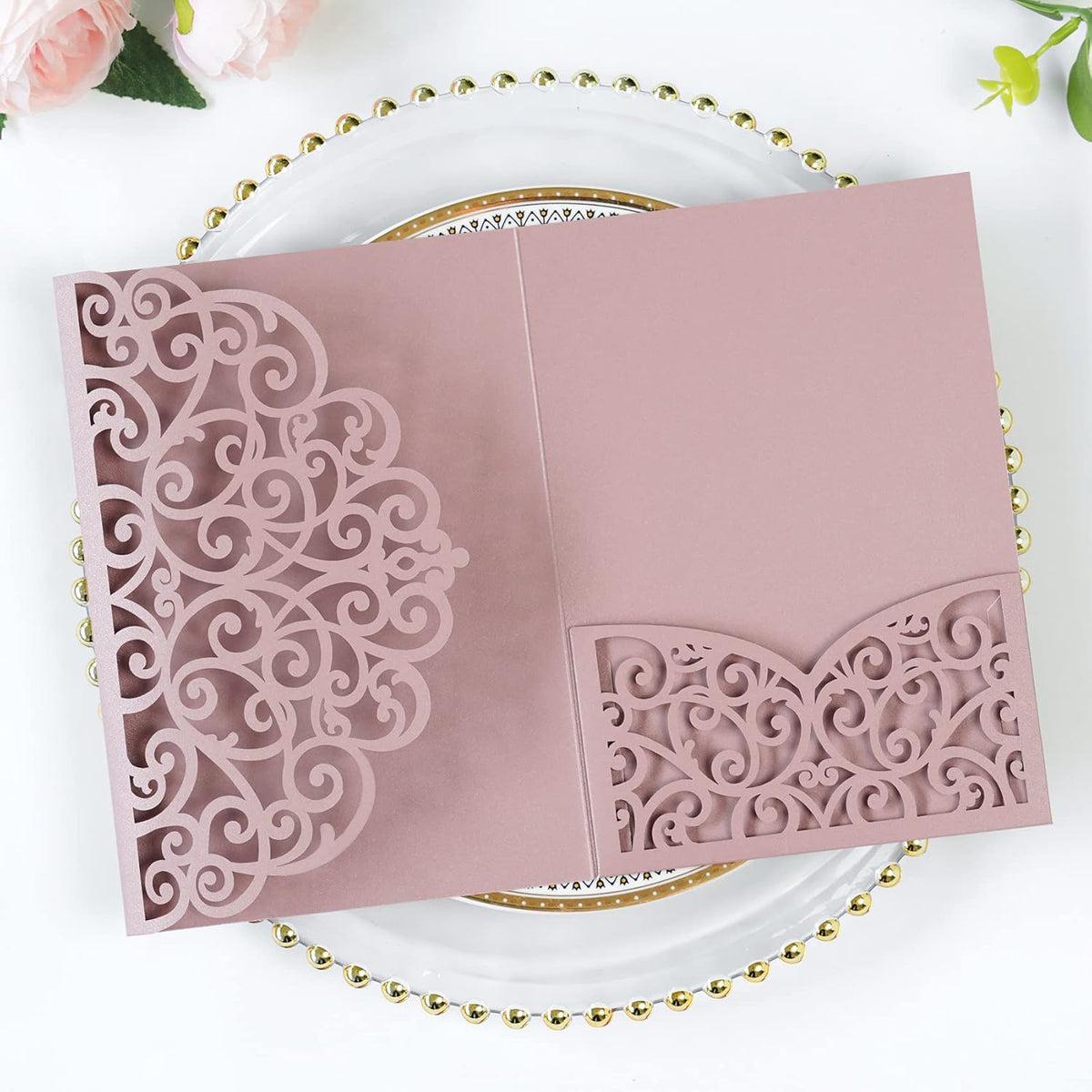 PONATIA 20 Pcs Dusty Rose Tri-Fold  Laser Cut Wedding Invitation Pockets with Envelopes for Wedding