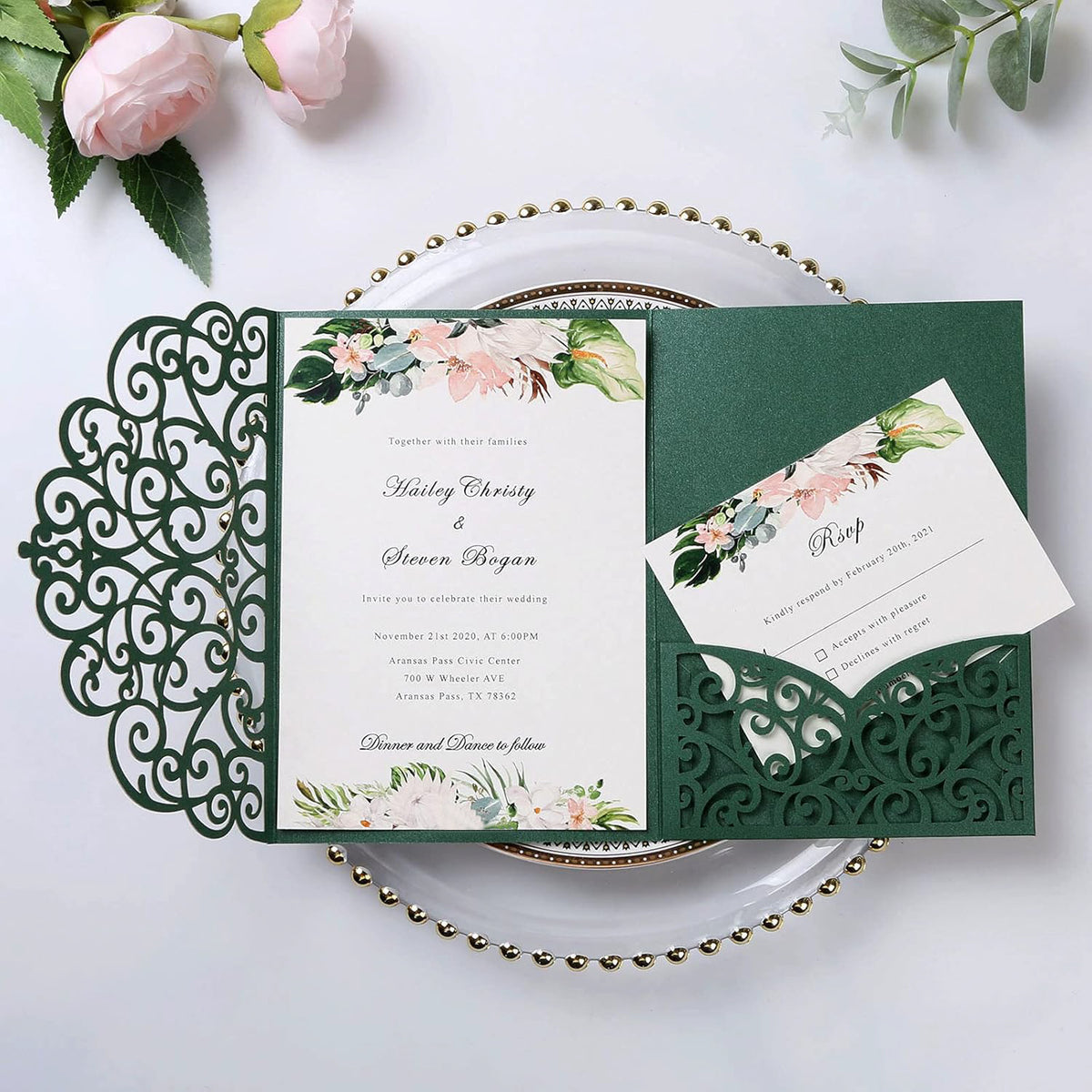 PONATIA 20 Pcs Emerald Green Tri-Fold  Laser Cut Wedding Invitation Pockets with Envelopes for Wedding