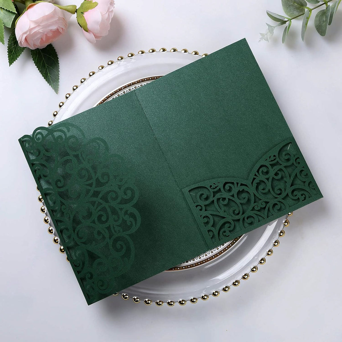 PONATIA 20 Pcs Emerald Green Tri-Fold  Laser Cut Wedding Invitation Pockets with Envelopes for Wedding