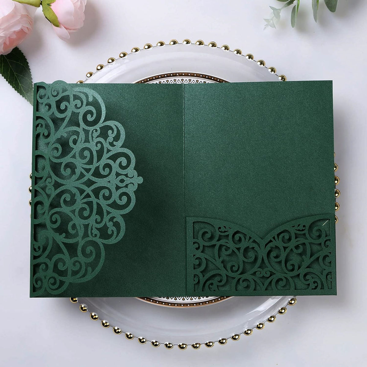 PONATIA 20 Pcs Emerald Green Tri-Fold  Laser Cut Wedding Invitation Pockets with Envelopes for Wedding